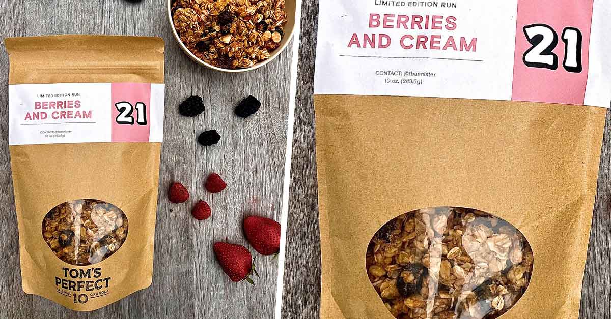 Tom's Perfect 10 launches its new product, Berries + Cream granola.