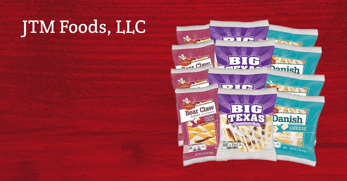 An image of the JTM Foods logo and the Big Texas and Cloverhill products