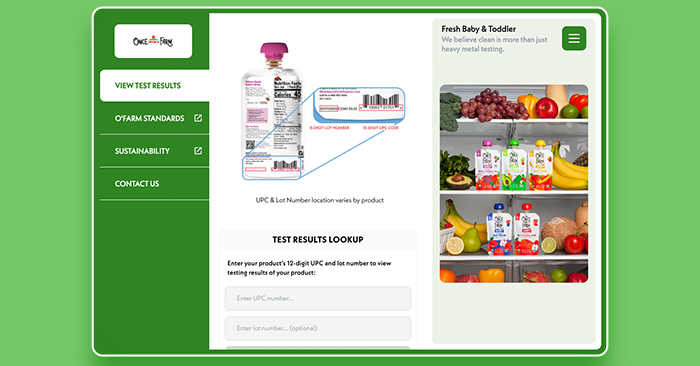 Once Upon A Farm's testing website platform